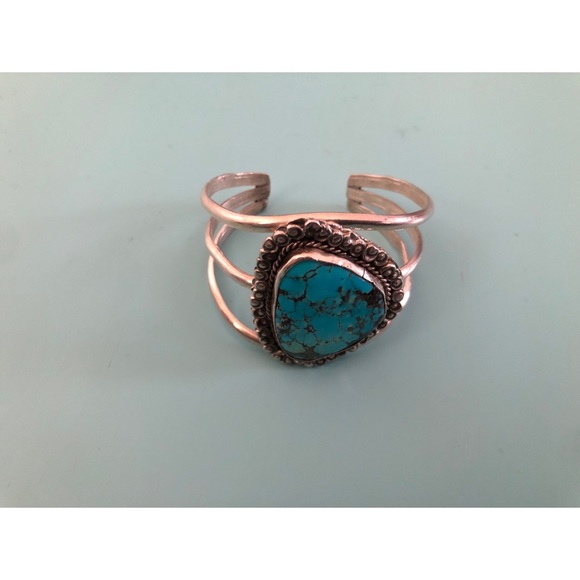 Vintage Native American Turquoise & Sterling Silver Tri-Shank Cuff Bracelet - Picture 2 of 14